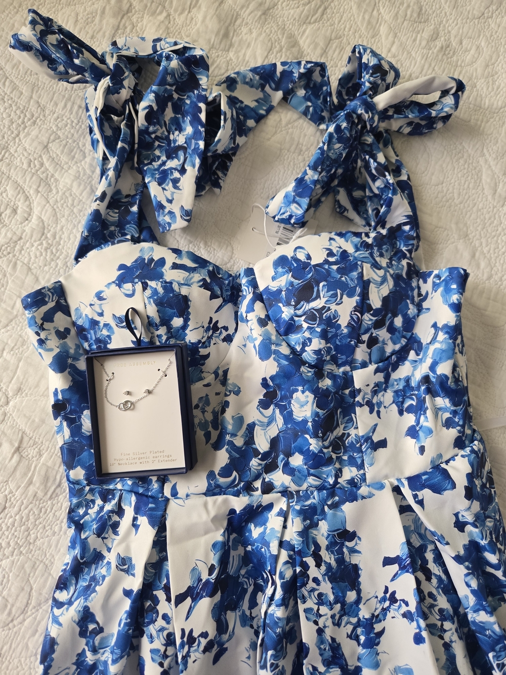 Blue & White Floral Tie-Shoulder Midi Dress +Silver Plated Jewelry Set (NWT)